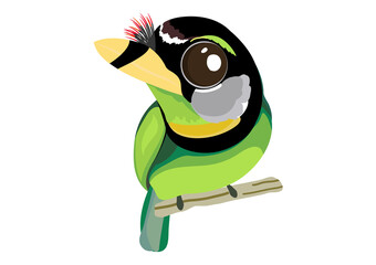 Fire-tufted barbet bird cartoon, Green bird cartoon, A cute of colorful bird.