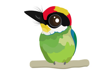 Golden-throated barbet bird cartoon, Green bird cartoon, A cute of colorful bird.