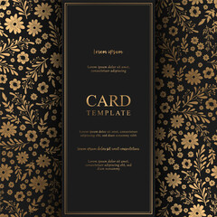 Floral vector card with small hand drawn gold flowers, leaves and floral elements on dark background. Floral design template for print, fabric, invitation, brochure, card, cover, wallpaper