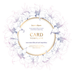 Floral vector round card with hand lilies and leaves isolated on white background. Elegant design template for wedding invitation, card, brochure, cover