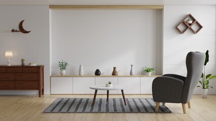 Living room with white walls, sofa and vase decoration.3D Rendering.
