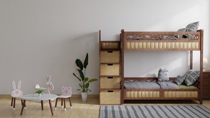 Children's bedroom has a bunk wooden bed with dolls on the bed and a marble table on the side.3D Rendering.