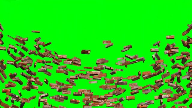 broken smashing brick wall on green screen background