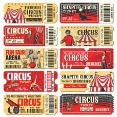 Circus ticket vector templates of chapiteau carnival show. Vintage invite cards and pass coupon with big top circus tent, clowns, acrobats and trained animals, monkey juggler, rocket man and elephant - obrazy, fototapety, plakaty
