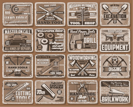 Hand tool retro posters of vector construction, house repair, carpentry and DIY equipment. Pliers, drill, paint roller and toolbox, shovel, wheelbarrow, trowel and tape measure, level ruler, wallpaper