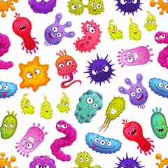 Virus, bacteria and germ vector seamless pattern with cute microbe monster characters. Cartoon background with cells of infectious disease pathogens, coronavirus, flu, adenovirus, influenza, rotavirus