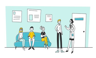 Patient visiting medical practitioner office in hospital. Queue of people waiting therapist appointment in clinic. illustration for doctor, healthcare, medicine, health, medical worker concept