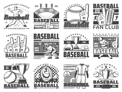 Baseball sport vector icons with balls, bats, stadium and players. Isolated baseball game tournament trophy cup, team uniform, catcher glove, sport arena scoreboard, batter cap and helmet symbols