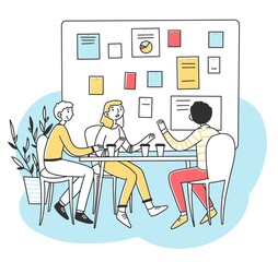 Young people discussing business development illustration. Office employees brainstorming and looking at whiteboard with notes and stickers. Briefing scheme, management and planning concept.