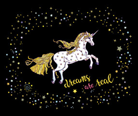 Cute unicorn in starry frame with lettering on the black background. Vector illustration