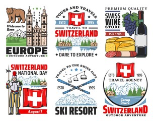 Switzerland vector icons of Swiss travel and tourism. Alps mountains, skis and flag, cheese, wine and sausages, bear symbol of Bern, church and Alpine meadow green grass, lake Geneva and Swiss guard