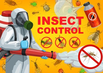 Pest control service cartoon vector of exterminator, insects and bugs. Pesticide spray or desinfection insecticide, cockroach, mosquito, termite, ant and tick, fly, colorado beetle, aphid and ladybug