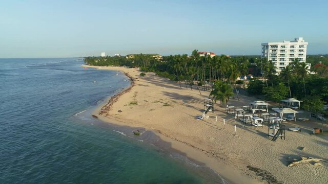 Bathhouse on Juan Dolio beach in Dominican Republic. Aerial shot