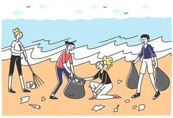 Young volunteers sorting litter on beach. People with rakes and plastic bags collecting trash at sea or ocean. illustration for voluntary, environment, pollution