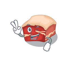 A joyful pork belly cartoon mascot style show two fingers pose