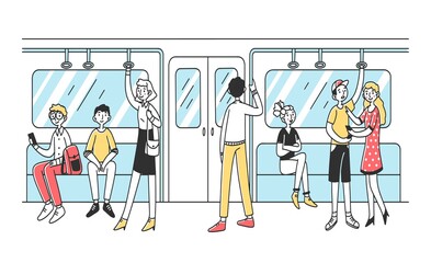 People using subway flat illustration. Men and women in public transport. City dwellers in metro, tube or underground train. Public transportation and rapid travelling concept.