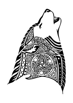 wolf side head design for Viking Celtic illustration motive tattoo with white background