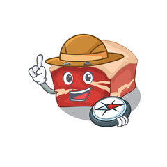 Pork belly mascot design style of explorer using a compass during the journey