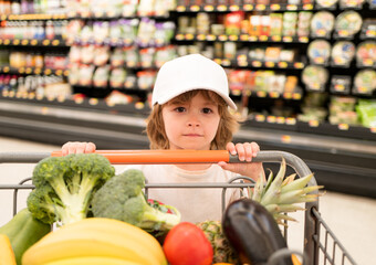 A boy is shopping in a supermarket. Funny customer boy child holdind trolley, shopping at supermarket, grocery store.