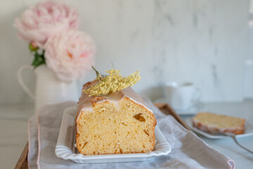 sweet home made elderflower sponge cake on a table