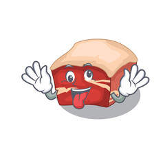 A mascot design of pork belly having a funny crazy face