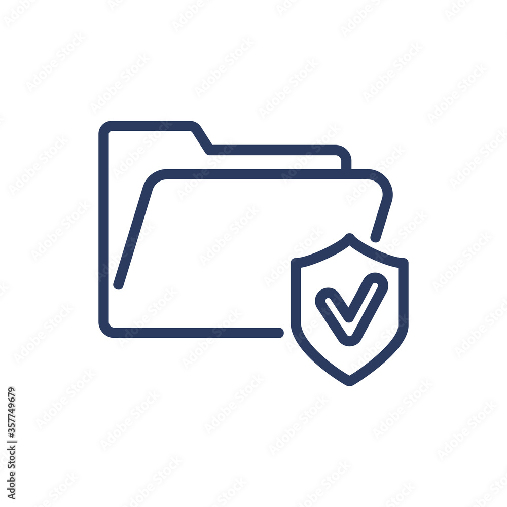 Poster file and shield thin line icon. data, information, checkmark isolated outline sign. insurance and pr