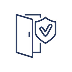Door and shield thin line icon. Exit, safety, checkmark isolated outline sign. Insurance and protection concept. Vector illustration symbol element for web design and apps