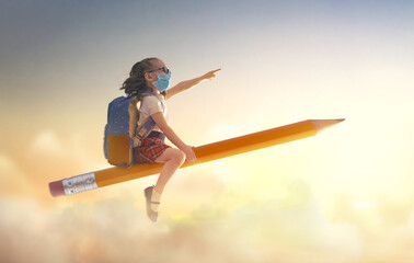 child flying on a pencil - obrazy, fototapety, plakaty