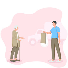 Post office courier flat vector illustration. Delivery man delieving goods to old lady isolated cartoon character on light background. Delievery service. Male and old lady standing near truck, van.