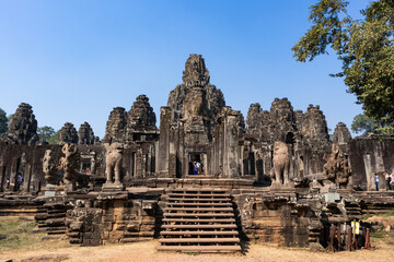 Entrance and facade of Bayon temple at the center of Angkor Thom complex in Siem Reap, Cambodia, South east Asia