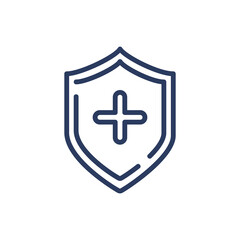 Shield with plus thin line icon. Health, medicine, healthcare isolated outline sign. Insurance and protection concept. Vector illustration symbol element for web design and apps