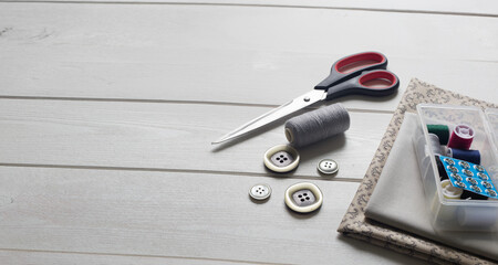 Set for needlework, sewing supplies. Sewing items.