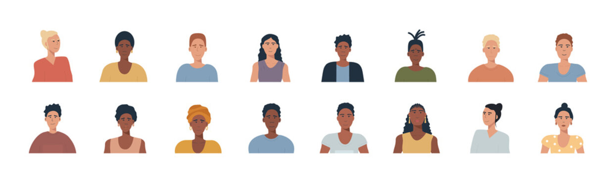 People Portraits Set - Hand Drawn Flat Style Vector Design Concept Illustration Of Young Men And Women, Male And Female Faces And Shoulders Avatars. Flat Style Vector Icons Set. Ethnic Minority, LGTB 