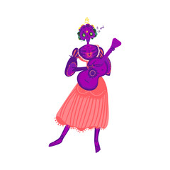 Woman character with a guitar for the Mexican holiday Day of the Dead.