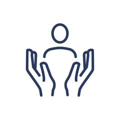 Hands protecting person thin line icon. Life, safety, care isolated outline sign. Insurance and protection concept. Vector illustration symbol element for web design and apps