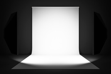 3D rendering Photostudio with studio equipment:  white background for photography, studio flashes, deflectors, Octoboxes