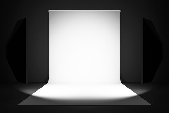 3D rendering Photostudio with studio equipment:  white background for photography, studio flashes, deflectors, Octoboxes