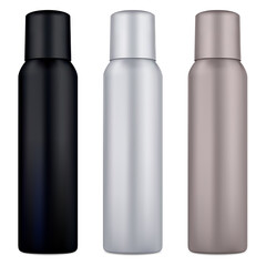 Air spray deodorant can. Cosmetic tin mockup blank. Aluminum metal container for hair aerosol with cap. Realistic 3d cylinder packaging for antiperspirant sprayer or toilet refresher. Odor template