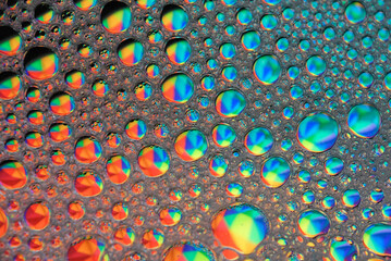 Beautiful bubbles from mixing water, oil and soap. Macro photography. Colorful bubbles. Abstract background. 