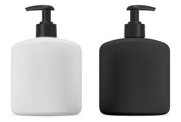 Black and white cosmetic bottle with pump for soap. Isolated liquid cream or gel packaging mockup for body wash. 3d illustration of shampoo package. Pet tube for antibacterial product ads design