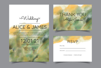 Fototapeta na wymiar wedding invitation cards with beautifully hand drawn watercolor backgrounds. Includes invitation templates, RSVP and thank you cards. Vector