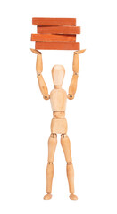 Wooden mannequin carrying wooden blocks