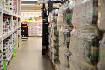 Photo in a warehouse store with goods inside pallets folded to us