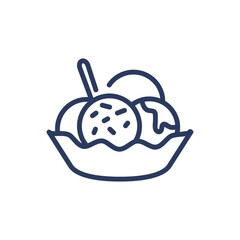 Bubbles of ice cream in bowl thin line icon. Spoon, icing, nut isolated outline sign. Dessert and food concept. Vector illustration symbol element for web design and apps