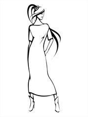 The silhouette of a beautiful girl in a narrow long dress. A girl with long hair. Vector black-white image.