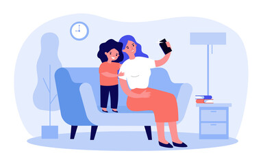 Happy mom and sweet daughter taking selfie on smartphone. Mother and child with mobile phone having fun at home together. Flat vector illustration for technology, photo, family concept
