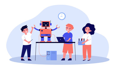 School robotics project. Group of children with laptop and remote control creating cyborg, presenting humanoid robot. Flat vector illustration for childhood activity, education, innovation concept