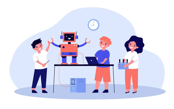 School Robotics Project. Group Of Children With Laptop And Remote Control Creating Cyborg, Presenting Humanoid Robot. Flat Vector Illustration For Childhood Activity, Education, Innovation Concept