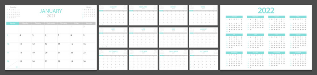 Calendar 2021, calendar 2022 week start Sunday corporate design template vector.