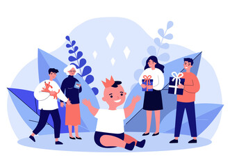 Happy toddler celebrating first birthday party. Cute baby boy in crown, parents with gifts flat vector illustration. Childhood, family party concept for banner, website design or landing web page
